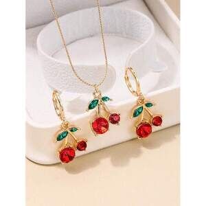 Sweet Ins Cute Metal Cherry Themed Necklace Earrings Jewelry Suit Fo Dainty